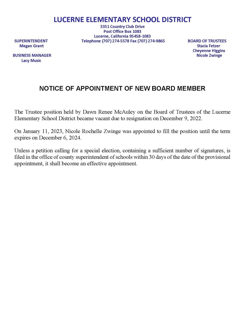 notice of appointment